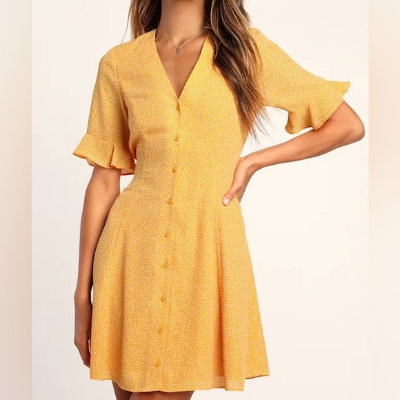 Lulus castana mustard yellow print button up dress size small - Picture 3 of 7